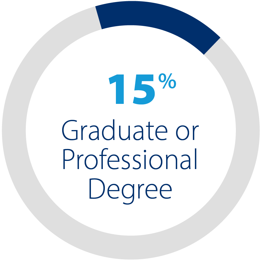 Pie chart showing 15% graduate or professional degree